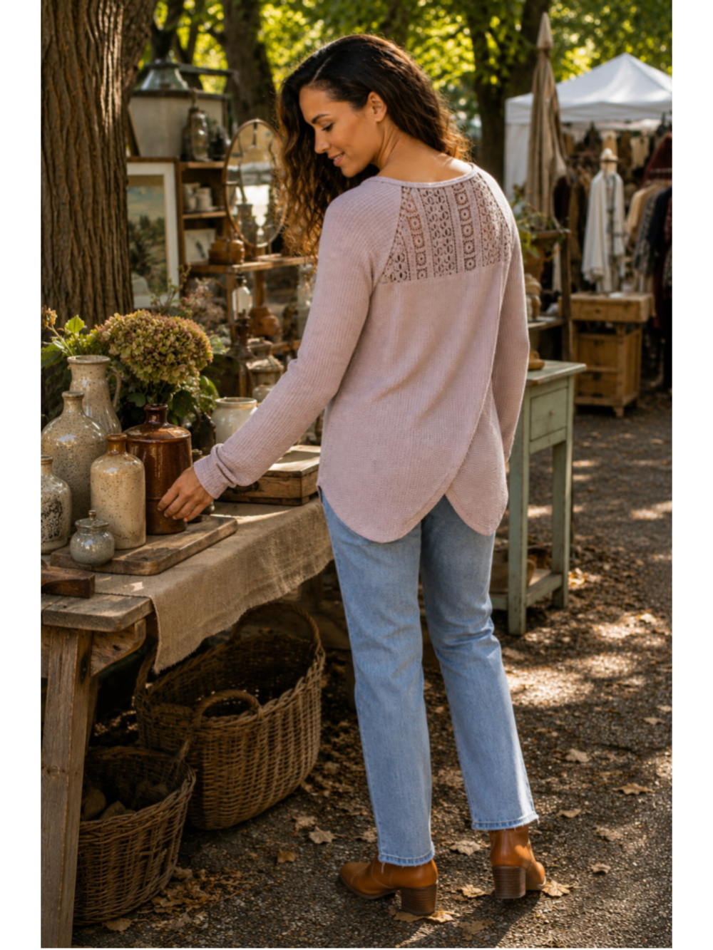 Lucky Brand Medium Blush Waffle Knit Crochet Back Panel Top Boho Relaxed Soft
